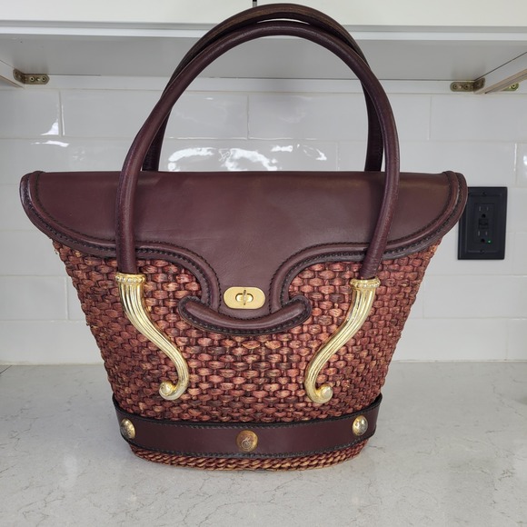 Vintage Saks Fifth Avenue Woven Straw & Leather Handbag - Picture 1 of 12